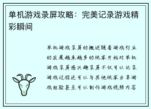 单机游戏录屏攻略：完美记录游戏精彩瞬间